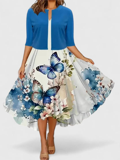 Women's Floral Midi Dress 3/4 Sleeve A-Line