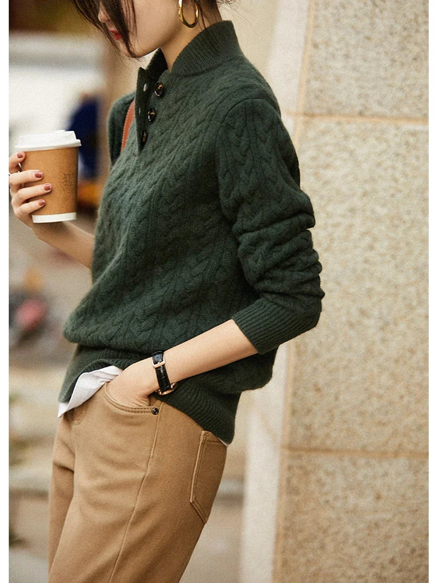 Cable-Knit Button Collar Sweater