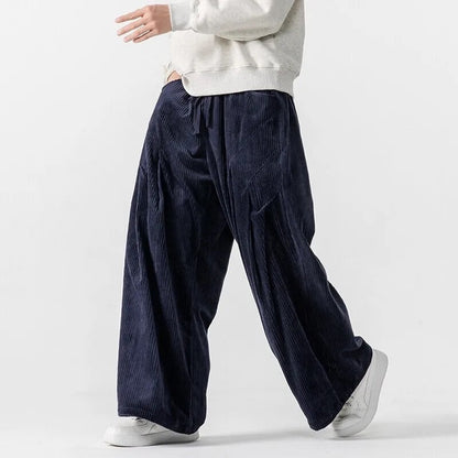 Men's Wide Leg Ribbed Pants Drawstring Waist Casual - 
Fashinoza