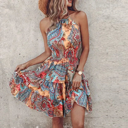 Women's Printed Flowy Mini Dress Asymmetric Backless Design