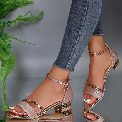 Stella Women's Block Heel Sandals Ankle Strap Gold Detail