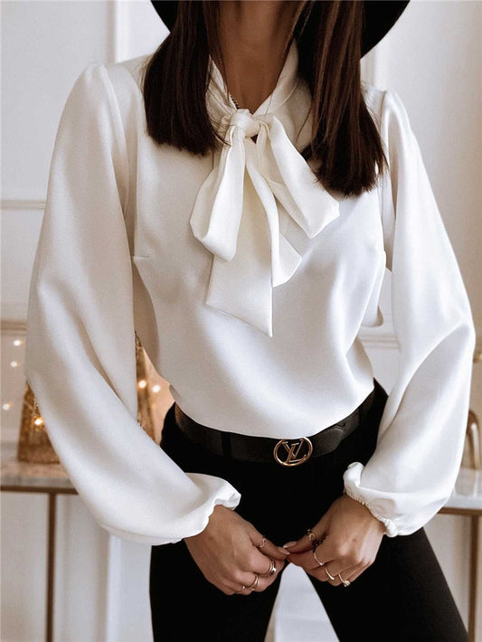 Women's Long Sleeve Blouse Bow-Tie Neckline Balloon Sleeves - 
Fashinoza