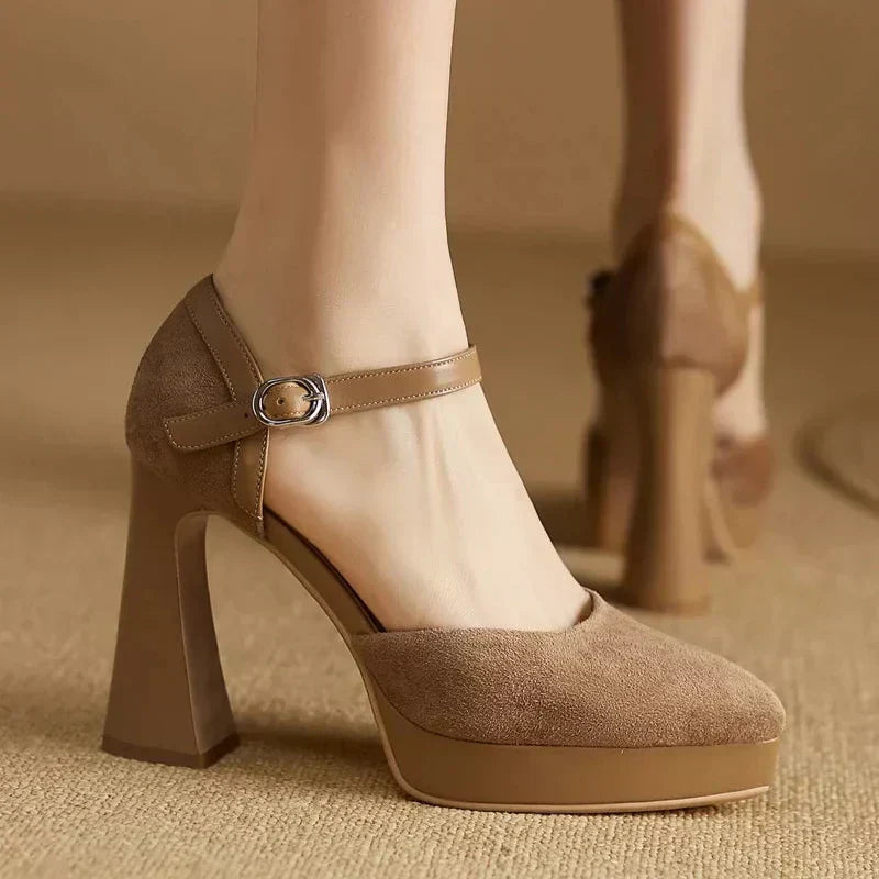 Women's Ankle Strap High Heels Block Pumps - Fashinoza