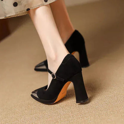 Women's Mary Jane Pumps Cap Toe Block Heel Strap