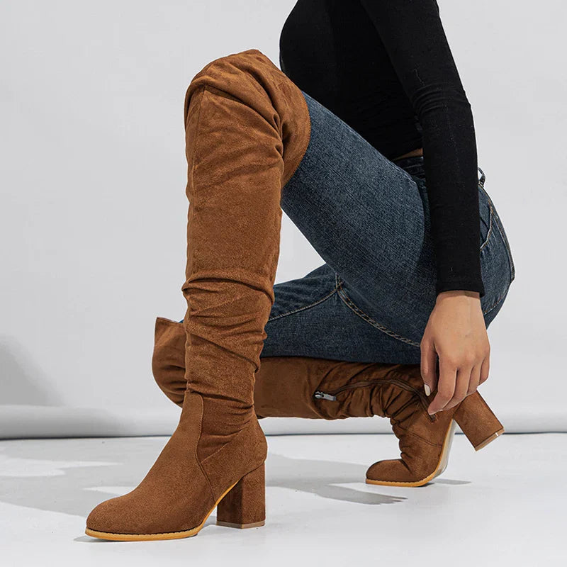 Women's Knee High Boots Pointed Toe Block Heel Slouch Design Black