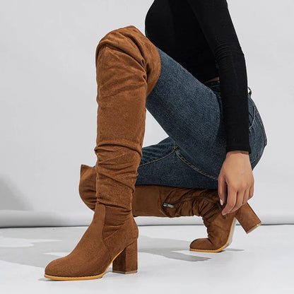 Women's Knee High Boots Pointed Toe Block Heel Slouch Design Black