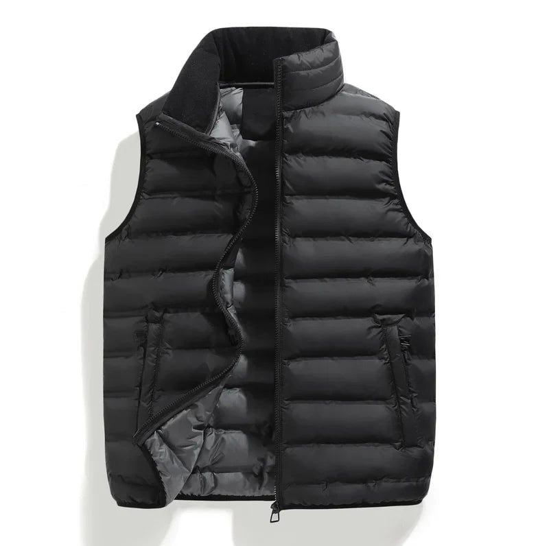 Men's Down Vest Sleeveless Zipper Windproof Solid Black