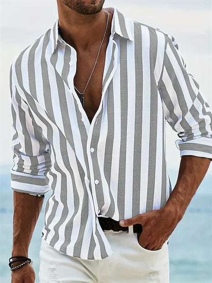 Men's Long Sleeve Shirt Vertical Stripes Button Front Spread Collar