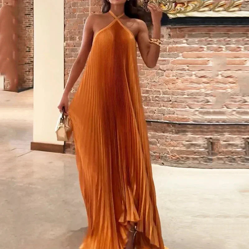 Women's Pleated Halter Maxi Dress Evening