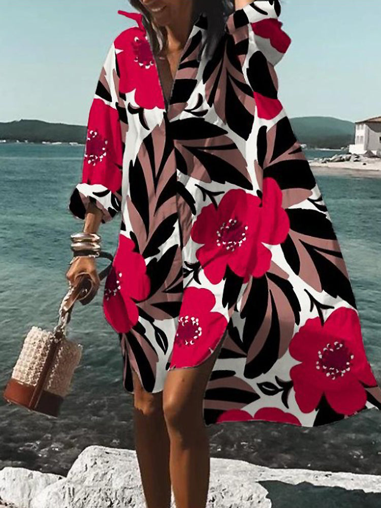 Women's Mini Floral Long Sleeve Shirt Dress - Fashinoza