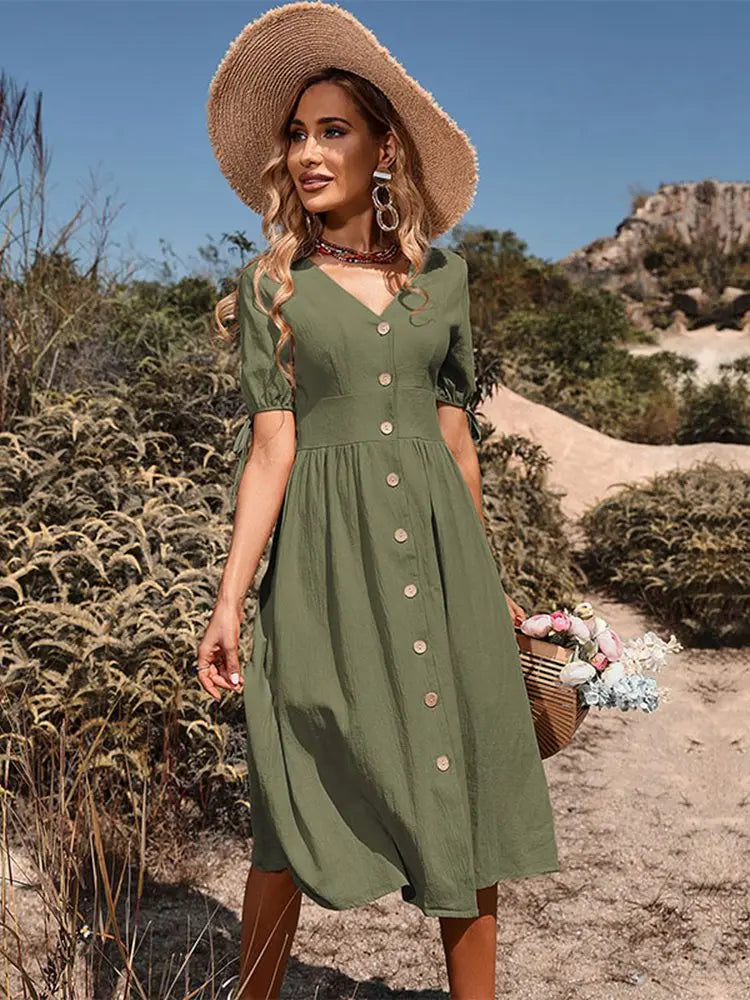 Women's V-Neck Cotton Dress Lightweight Beige - Fashinoza