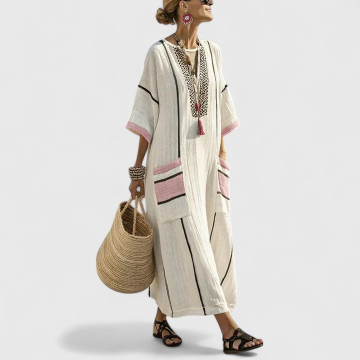 Women's Linen Maxi Dress V-Neck Striped With Pockets