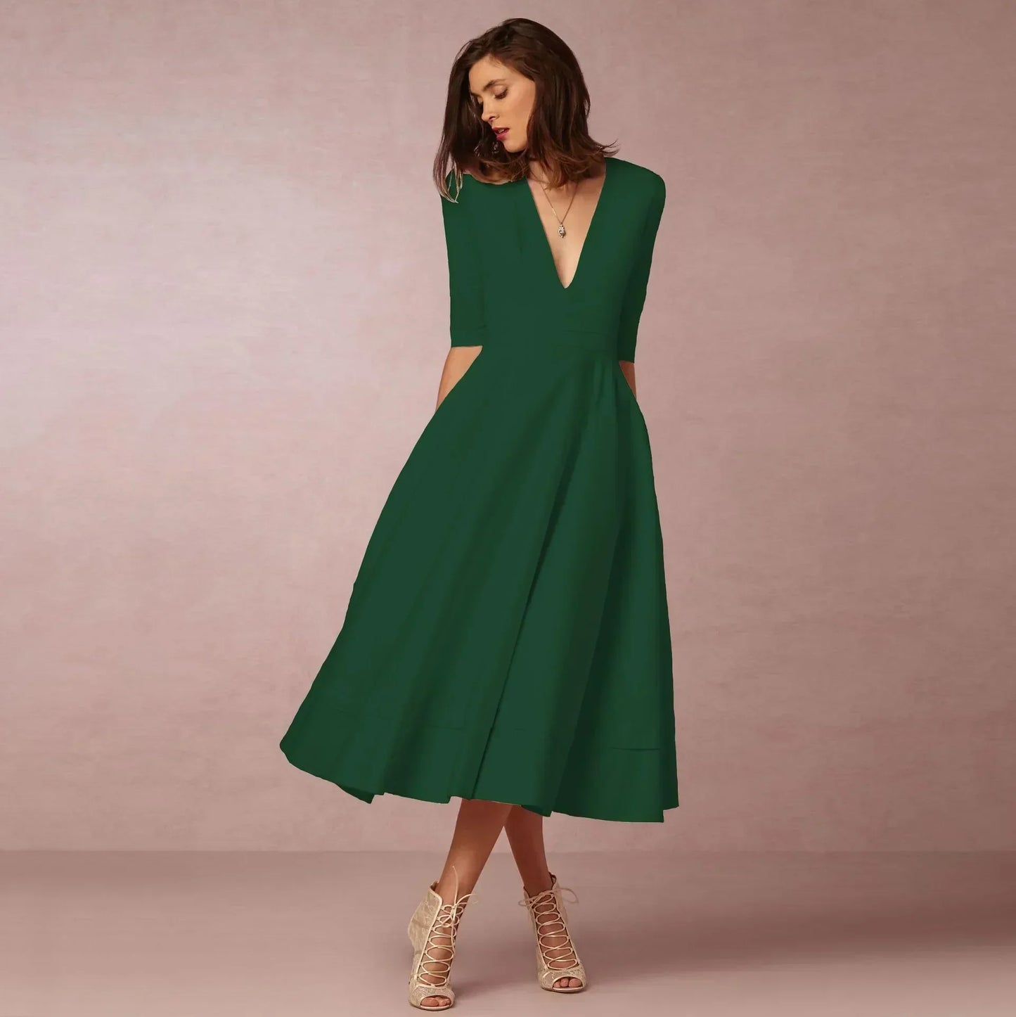Women's Deep V-Neck Midi Dress Half Sleeves Flared Skirt