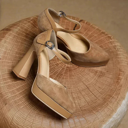 Women's Ankle Strap High Heels Block Pumps