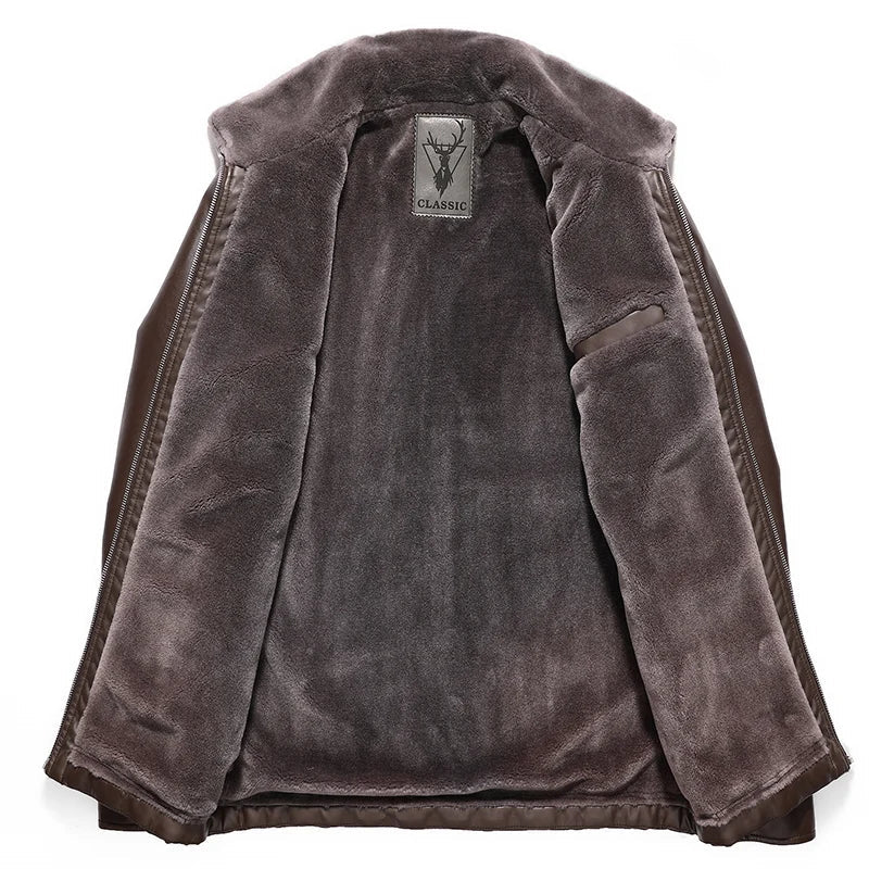 Men's Leather Motorcycle Jacket Fleece Lined Warm Winter Coat