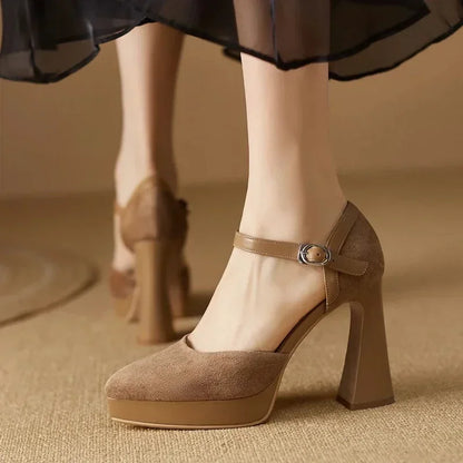 Women's Ankle Strap High Heels Block Pumps