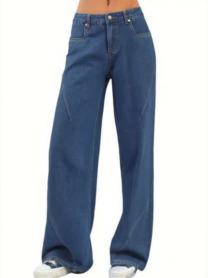 Women's Dark Blue Wide Leg Denim Jeans Loose Fit
