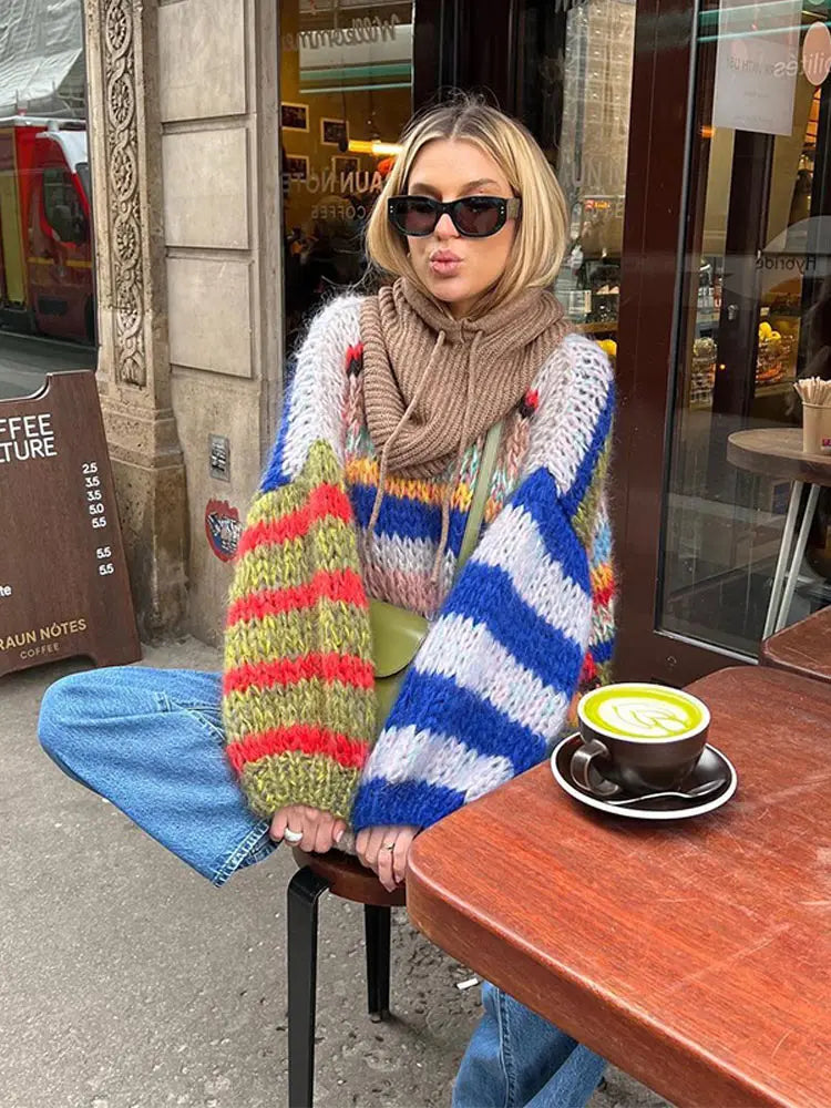 Women's Striped Knit Sweater Multicolor Long Sleeve