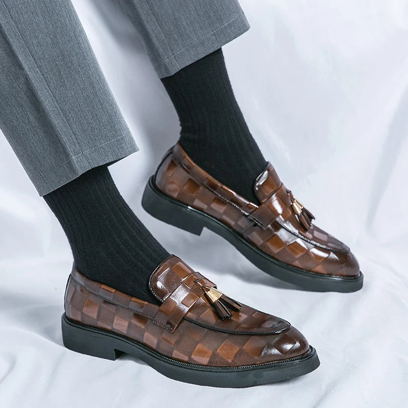 Men's Embossed Leather Tassel Loafers Classic Brown - 
Fashinoza