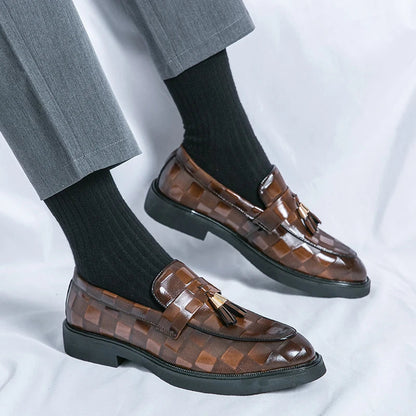 Men's Embossed Leather Tassel Loafers Classic Brown - 
Fashinoza