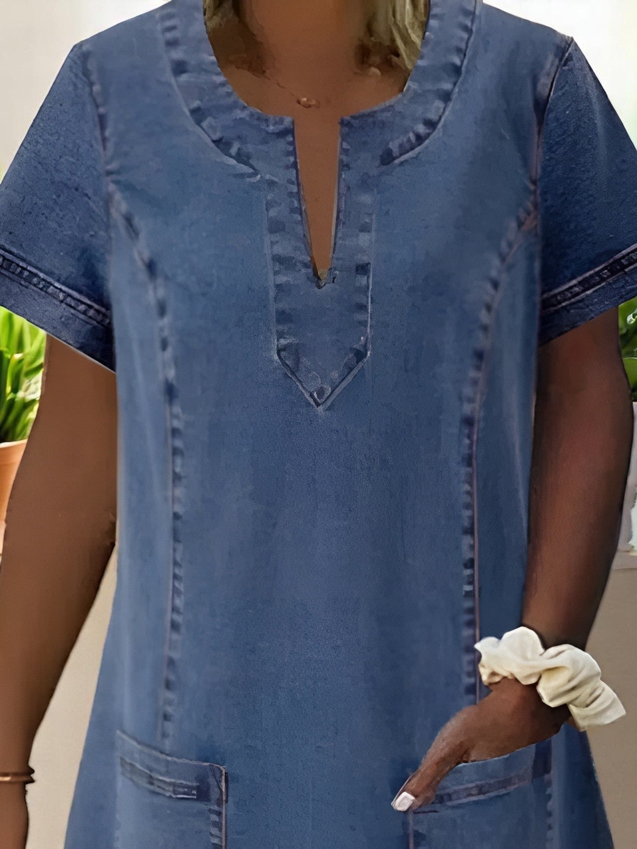 Women's Split Neck Dress Stitched Trim