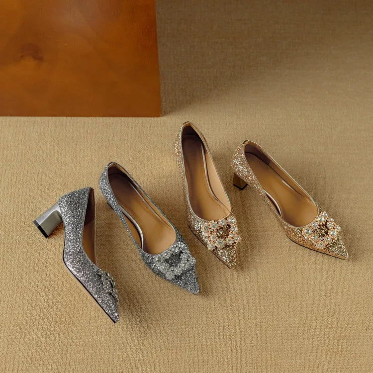 Women's Glitter Pumps Pointed Toe Crystal Buckle Heels
