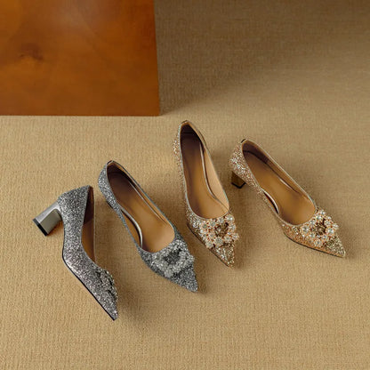 Women's Glitter Pumps Pointed Toe Crystal Buckle Heels