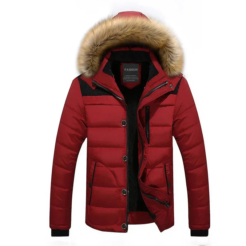 Men's Down Parka Wool Lined Hooded Jacket Warm Black