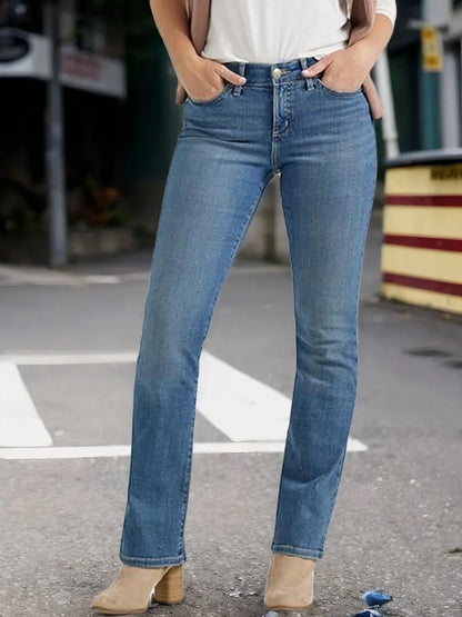 Women's Slim Fit Straight Leg Jeans Elastic Mid Waist Blue