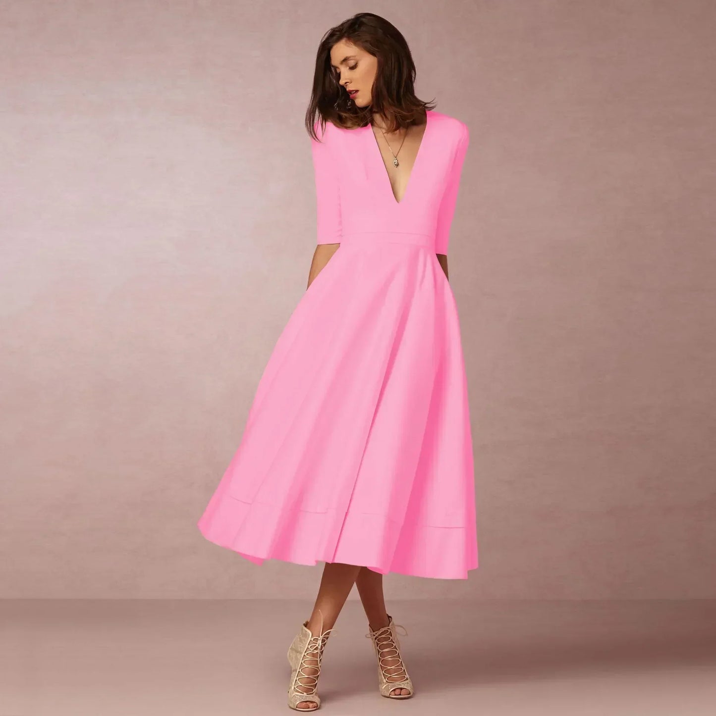 Women's Deep V-Neck Midi Dress Half Sleeves Flared Skirt