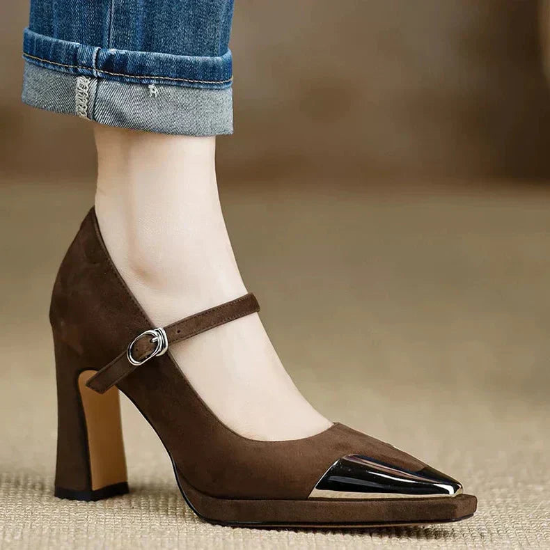 Women's Mary Jane Pumps Cap Toe Block Heel Strap - Fashinoza