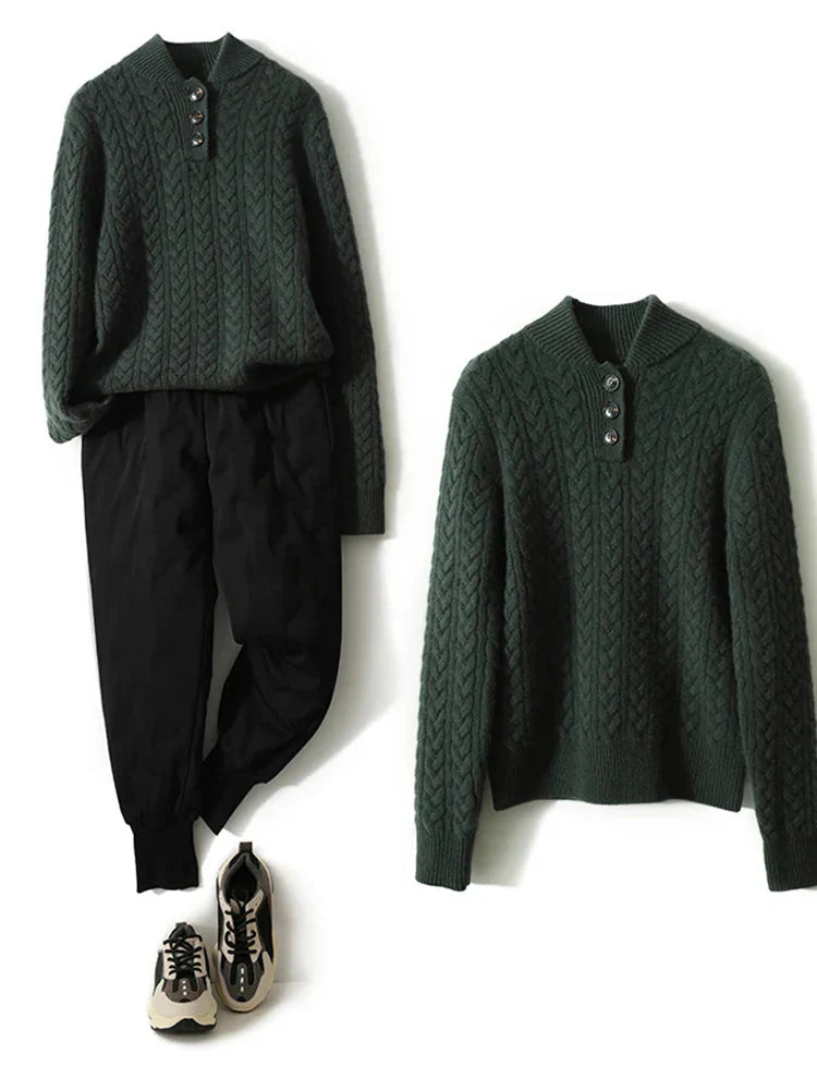 Cable-Knit Button Collar Sweater