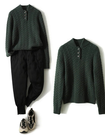 Cable-Knit Button Collar Sweater
