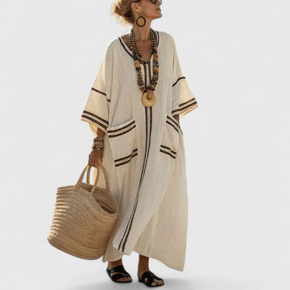 Women's Linen Maxi Dress V-Neck Striped With Pockets