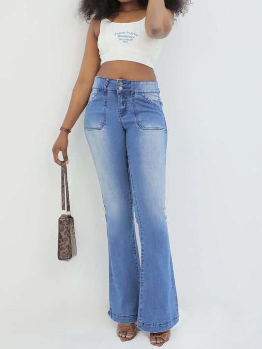 Women's Light Blue Flare Jeans Stretch Fabric - Fashinoza