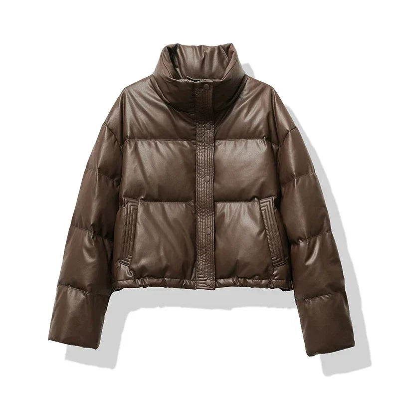 Women's Quilted Puffer Jacket Mock Neck Waterproof Black - Fashinoza