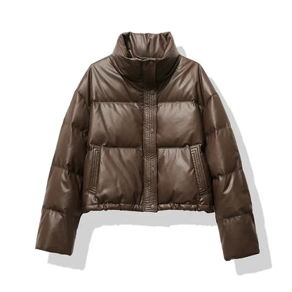 Women's Quilted Puffer Jacket Mock Neck Waterproof Black - Fashinoza