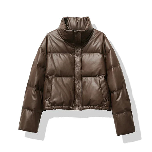 Women's Quilted Puffer Jacket Mock Neck Waterproof Black - Fashinoza