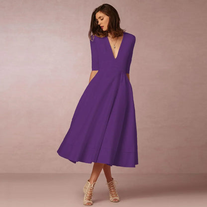 Women's Deep V-Neck Midi Dress Half Sleeves Flared Skirt