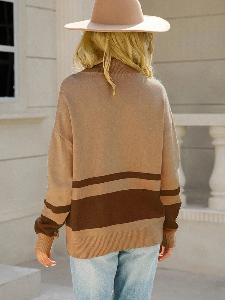 Women's Striped Knit Sweater Long Sleeve Zip-Up