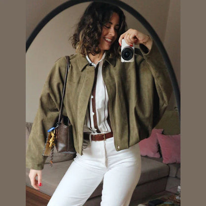 Women's Cropped Bomber Jacket Lapel Collar Zip Front - Fashinoza