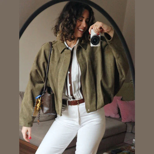 Women's Cropped Bomber Jacket Lapel Collar Zip Front - Fashinoza