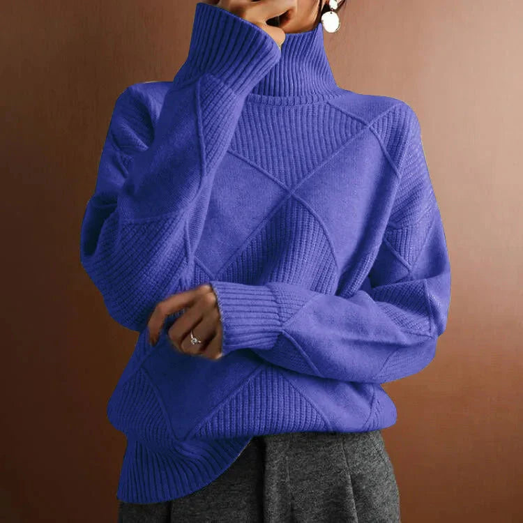 Geometric Ribbed Relaxed Fit Wool Turtleneck Sweater for Women – Cozy & Stylish Everyday Wear Caliboot