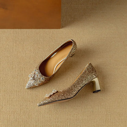 Women's Glitter Pumps Pointed Toe Crystal Buckle Heels