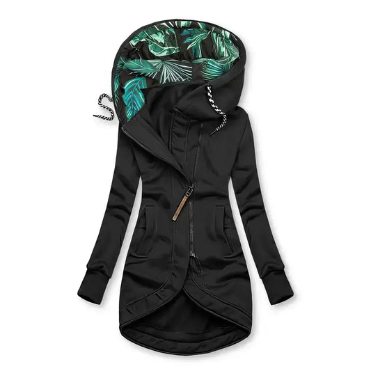 Women's Hooded Longline Zip Up Jacket - Fashinoza