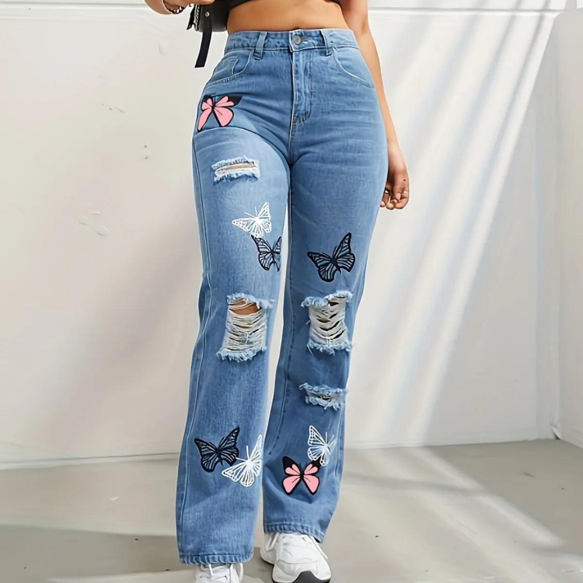 Women's High Waist Distressed Denim Jeans Straight Leg Ripped Details