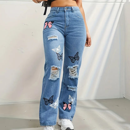Women's High Waist Distressed Denim Jeans Straight Leg Ripped Details