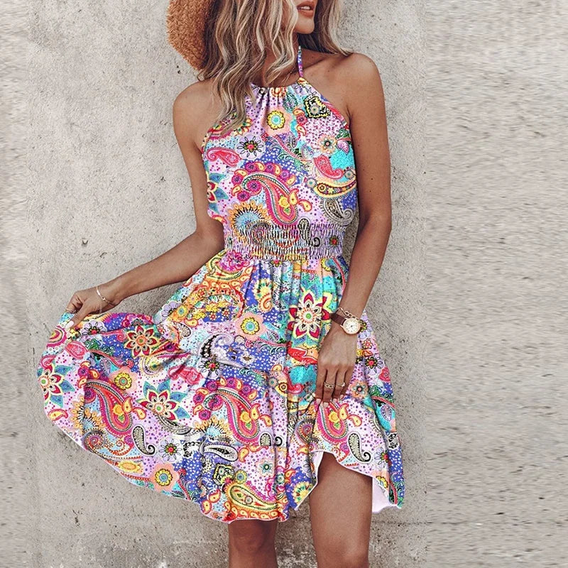 Women's Printed Flowy Mini Dress Asymmetric Backless Design
