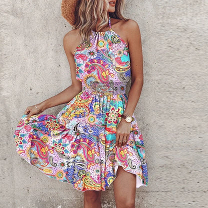 Women's Printed Flowy Mini Dress Asymmetric Backless Design