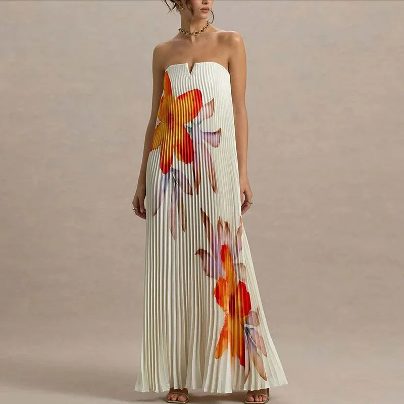 Women's Pleated Maxi Dress Floral Print